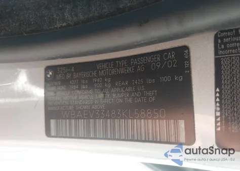 2003 BMW 325I z USA, uszkodzony, nr VIN WBAEV33483KL58850